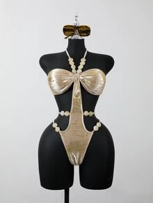 SHEIN Swim 1pc Gold Foil Textured Beaded Asymmetrical One-Piece Swimsuit For Women,Champagne Summer Casual Beach Holiday Vacation Rhinestone Bathing Suit - Multicolor - View 5