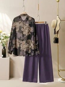 Lacomfia 休闲花卉印花长袖宽松衬衫和松紧腰裤两件套，加大码，春秋季 - 彩色 - 查看 2