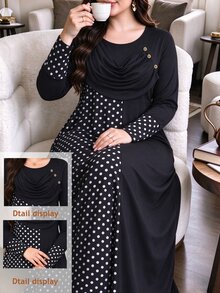 Lacomfia Plus Size Women's Loose Casual Autumn A-Line Round Neck Long Sleeve Polka Dot Patchwork Dress - Black - View 3