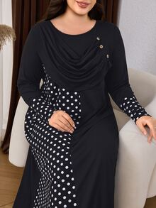 Lacomfia Plus Size Women's Loose Casual Autumn A-Line Round Neck Long Sleeve Polka Dot Patchwork Dress - Black - View 7