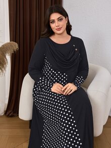 Lacomfia Plus Size Women's Loose Casual Autumn A-Line Round Neck Long Sleeve Polka Dot Patchwork Dress - Black - View 5