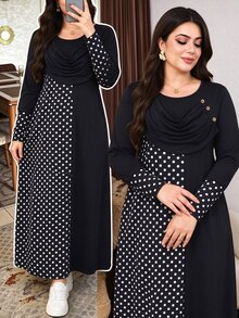Lacomfia Plus Size Women's Loose Casual Autumn A-Line Round Neck Long Sleeve Polka Dot Patchwork Dress - Black - View 1