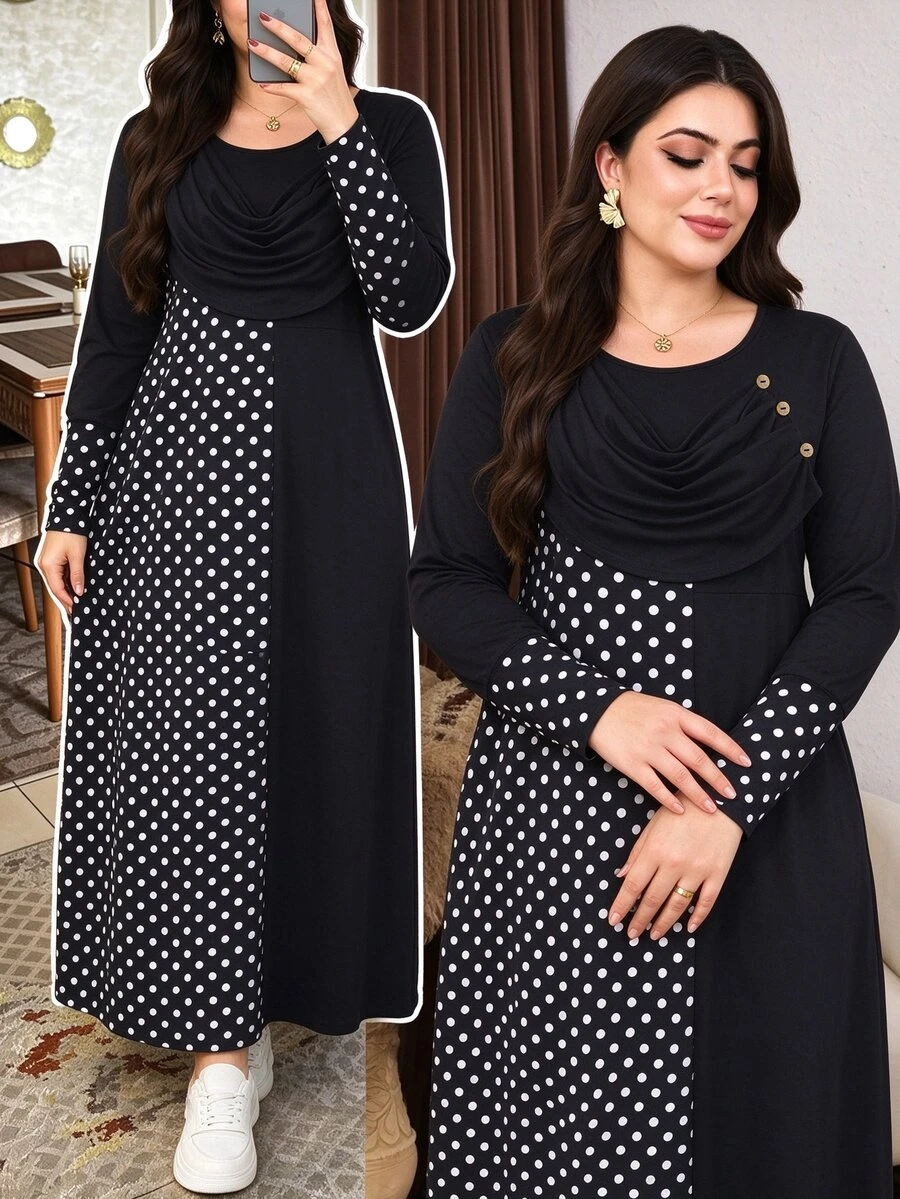 Lacomfia Plus Size Women's Loose Casual Autumn A-Line Round Neck Long Sleeve Polka Dot Patchwork Dress - Black - View 1