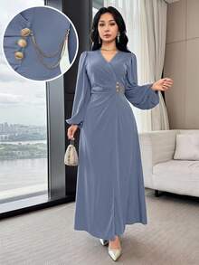 Feyla Women's Elegant V-Neck Metal Button Design Long Dress - Blue - View 1