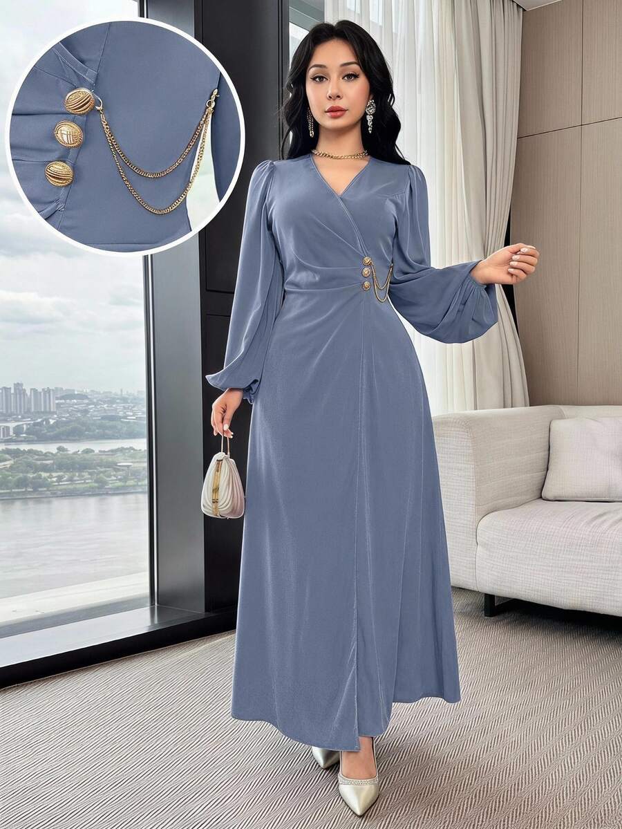 Feyla Women's Elegant V-Neck Metal Button Design Long Dress - Blue - View 1