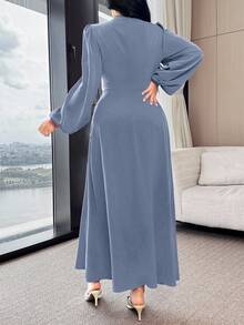 Feyla Women's Elegant V-Neck Metal Button Design Long Dress - Blue - View 3