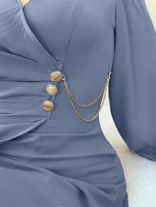 Feyla Women's Elegant V-Neck Metal Button Design Long Dress - Blue - View 2