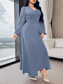 Feyla Women's Elegant V-Neck Metal Button Design Long Dress - Blue - View 5
