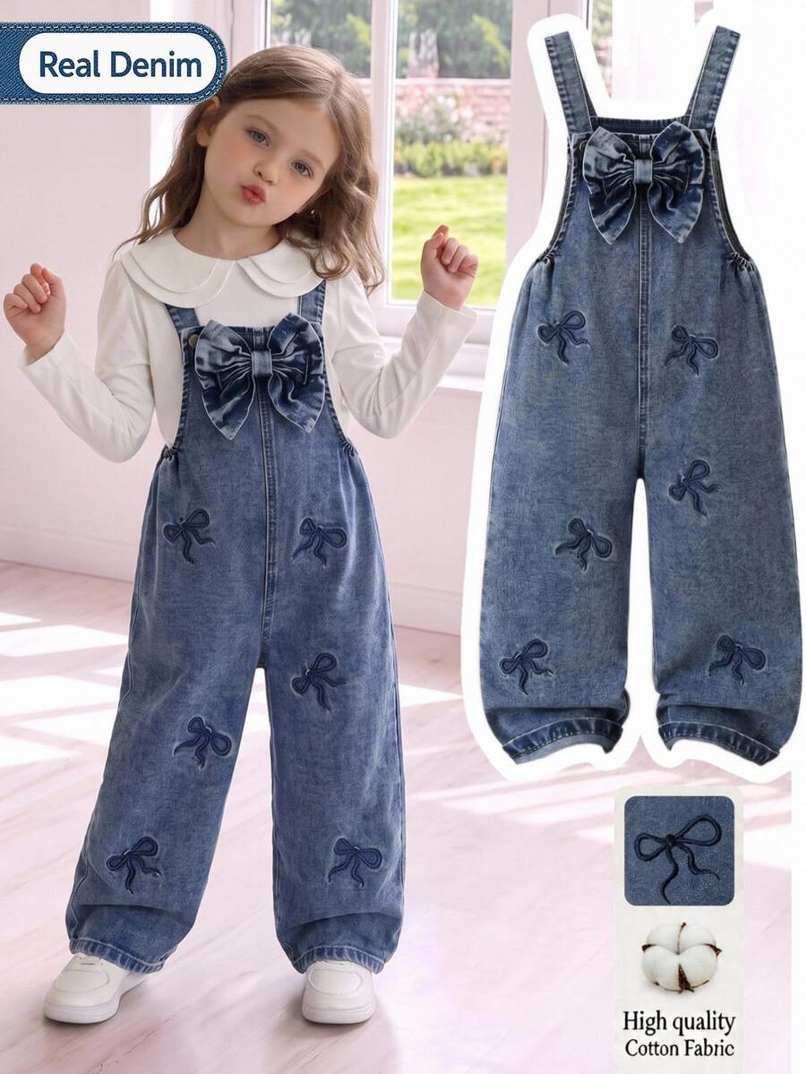 SHEIN Genkimix Kids 女童牛仔吊帶褲 四季時尚百搭設計 復古西部牛仔女孩 中藍色 胸前3D大蝴蝶結配淺藍色刺繡 夏季款