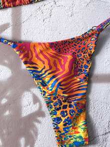 SHEIN Swim Women's Fabric Multicolor All Over Print Halter Bikini Thongs Set With Tie Back Detail - Multicolor - View 6