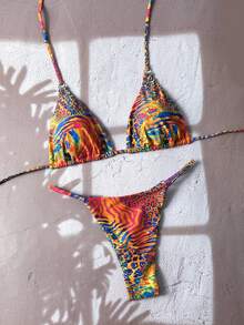SHEIN Swim Women's Fabric Multicolor All Over Print Halter Bikini Thongs Set With Tie Back Detail - Multicolor - View 3