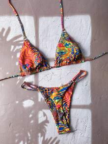 SHEIN Swim Women's Fabric Multicolor All Over Print Halter Bikini Thongs Set With Tie Back Detail - Multicolor - View 4