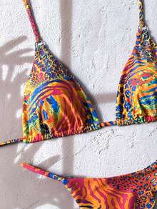 SHEIN Swim Women's Fabric Multicolor All Over Print Halter Bikini Thongs Set With Tie Back Detail - Multicolor - View 5