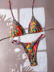 SHEIN Swim Women's Fabric Multicolor All Over Print Halter Bikini Thongs Set With Tie Back Detail - Multicolor - View 2