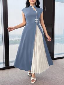 Feyla Women's Elegant Color Block Pleated Dress, Summer Cheongsam Dress - Blue - View 7