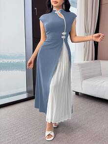 Feyla Women's Elegant Color Block Pleated Dress, Summer Cheongsam Dress - Blue - View 6