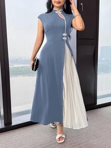 Feyla Women's Elegant Color Block Pleated Dress, Summer Cheongsam Dress - Blue - View 5