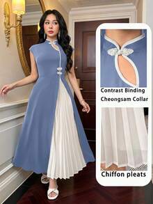 Feyla Women's Elegant Color Block Pleated Dress, Summer Cheongsam Dress - Blue - View 1