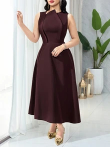 Feyla 女士纯色无袖优雅花苞设计腰部中长连衣裙 - 酒紅色 - 查看 5