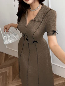 Feyla 女款時尚優雅法式可愛蝴蝶結拉鍊收腰中長洋裝，咖啡棕色，適合約會之夜、夏季早午餐、下午茶派對 - 卡其色 - 查看 4