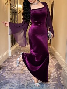 Feyla Women's Solid Color Square Neck Split Sleeve Elegant Long Dress - Purple - View 6