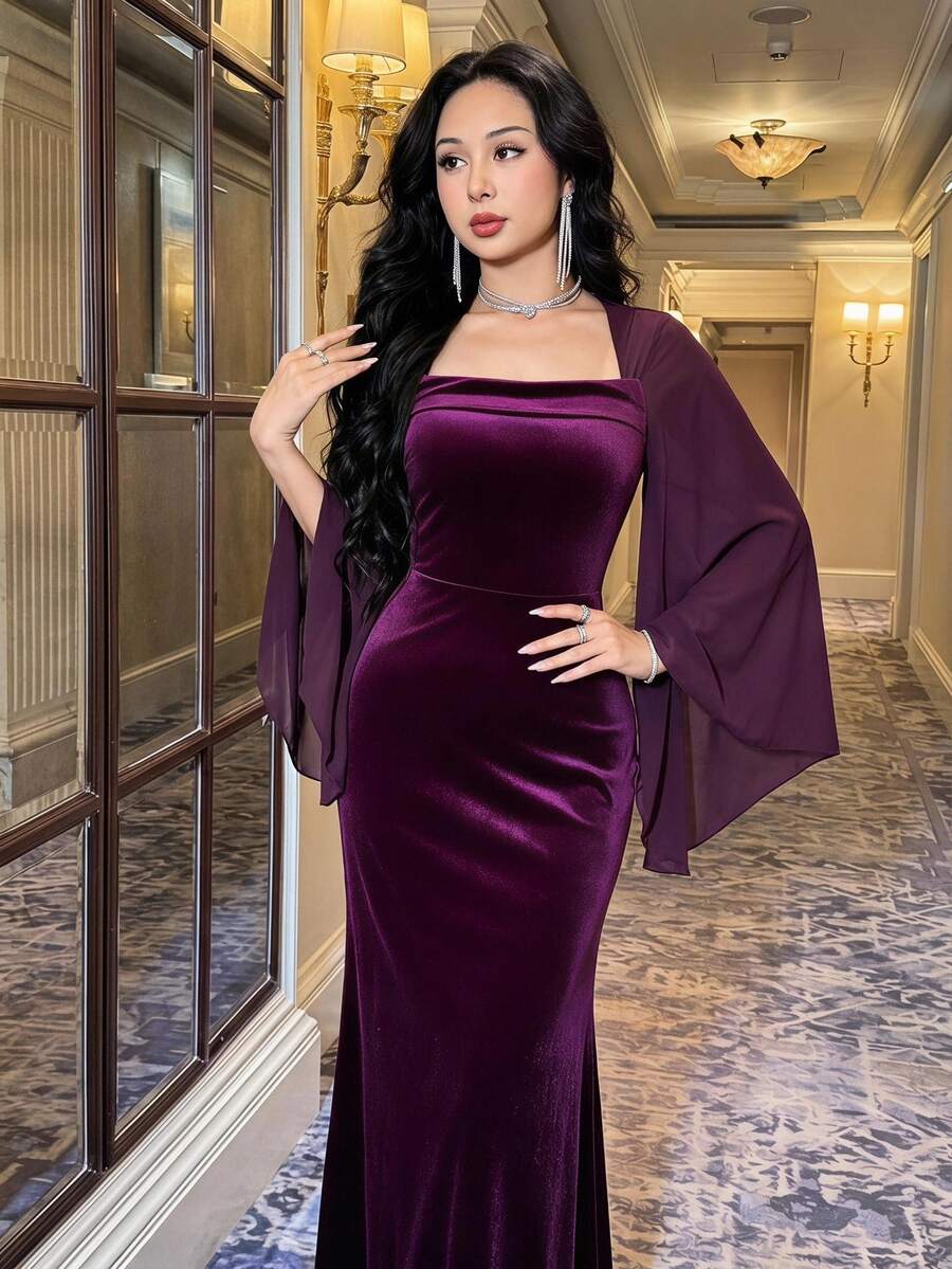 Feyla Women's Solid Color Square Neck Split Sleeve Elegant Long Dress - Purple - View 1