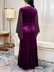 Feyla Women's Solid Color Square Neck Split Sleeve Elegant Long Dress - Purple - View 2