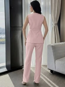 Feyla Women's Spring/Summer Casual/Work Commute Solid Color Fitted Single-Breasted Sleeveless Jacket And Flared Pants 2 Pieces Set,Work Outfits For Women - Dusty Pink - View 3