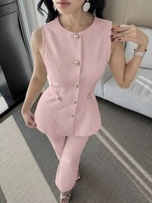 Feyla Women's Spring/Summer Casual/Work Commute Solid Color Fitted Single-Breasted Sleeveless Jacket And Flared Pants 2 Pieces Set,Work Outfits For Women - Dusty Pink - View 7