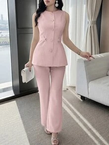 Feyla Women's Spring/Summer Casual/Work Commute Solid Color Fitted Single-Breasted Sleeveless Jacket And Flared Pants 2 Pieces Set,Work Outfits For Women - Dusty Pink - View 6