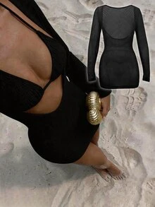 SHEIN Swim Solid Color Fitted Mini Knit Cover Up Dress Club Outfits For Women Dress , Black Elegant - Black - View 4
