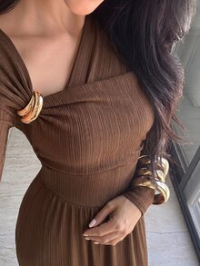 Feyla Women's Solid Color Metal Decor Pleated Casual Party Long Dress - Coffee Brown - View 4