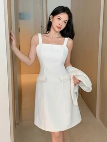 Feyla Women's Solid Color Lapel Neck Long Sleeve Double-Breasted Jacket And Camisole Dress Elegant Suit Set - Apricot - View 7