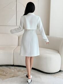 Feyla Women's Solid Color Lapel Neck Long Sleeve Double-Breasted Jacket And Camisole Dress Elegant Suit Set - Apricot - View 3