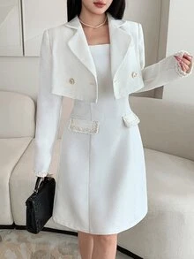 Feyla Women's Solid Color Lapel Neck Long Sleeve Double-Breasted Jacket And Camisole Dress Elegant Suit Set - Apricot - View 4