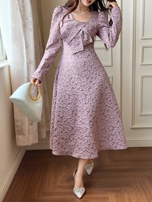 Feyla Women's Elegant Jacquard Beaded Decor Midi Dress - Purple - View 7