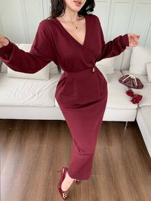 Feyla Women's Vintage Metal Button Long Sleeve Sweater And Long Skirt 2 Pieces Set - Red - View 5