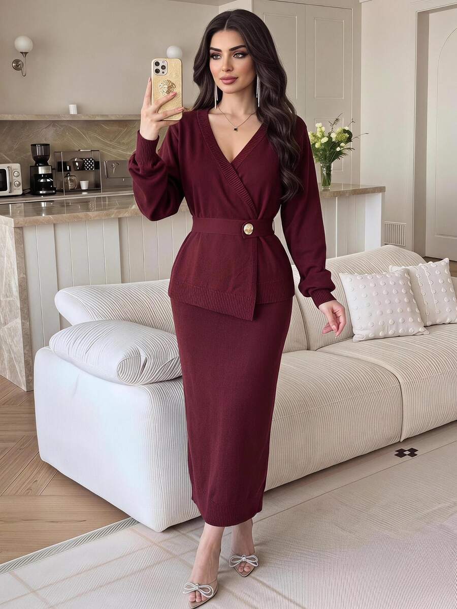 Feyla Women's Vintage Metal Button Long Sleeve Sweater And Long Skirt 2 Pieces Set