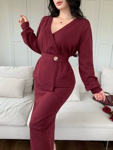 Feyla Women's Vintage Metal Button Long Sleeve Sweater And Long Skirt 2 Pieces Set - Red - View 6
