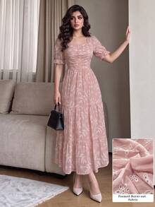 Modelyn Women's French Soft Yellow Square Neck Vintage Hollow Out A-Line Cinched Waist Dress - Pink - View 1
