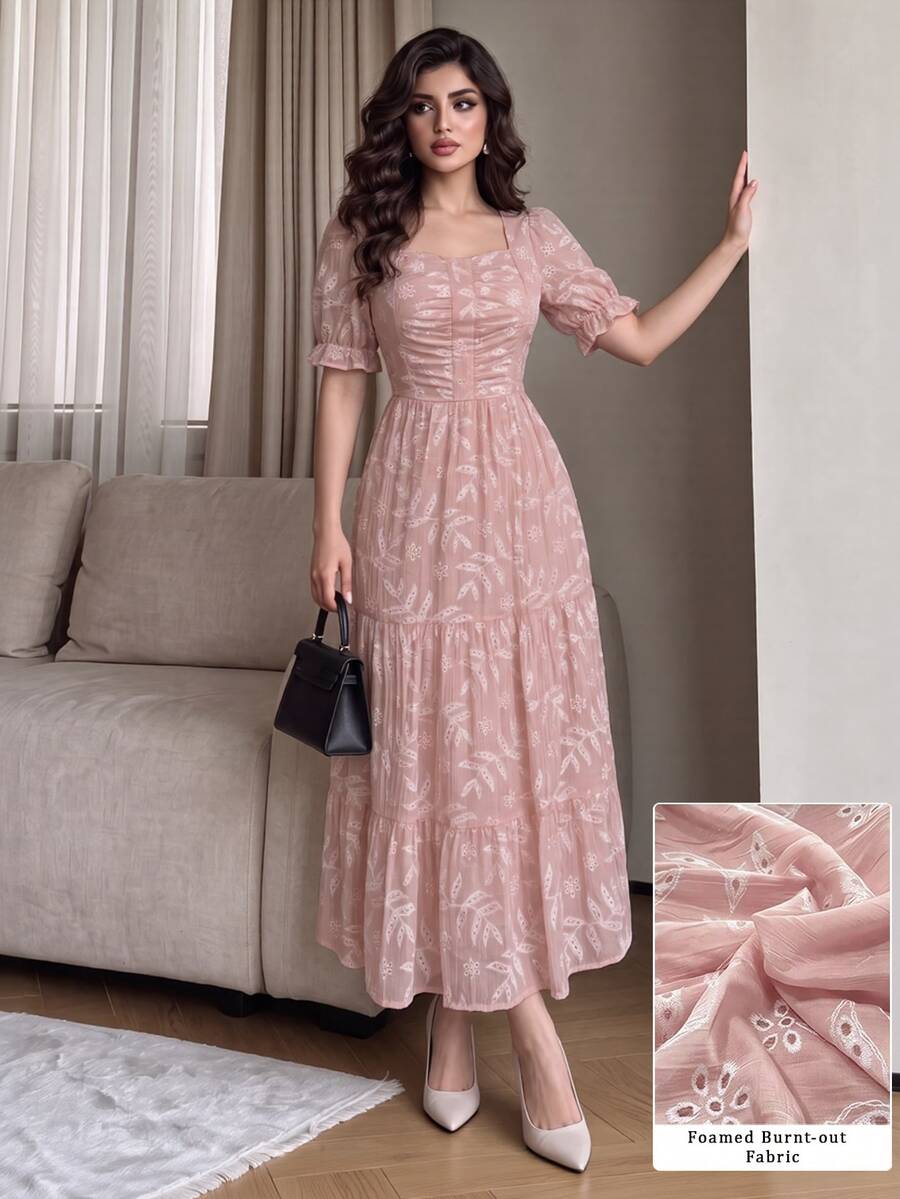 Modelyn Women's French Soft Yellow Square Neck Vintage Hollow Out A-Line Cinched Waist Dress - Pink - View 1