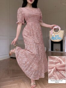 Modelyn Women's French Soft Yellow Square Neck Vintage Hollow Out A-Line Cinched Waist Dress - Pink - View 6
