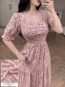 Modelyn Women's French Soft Yellow Square Neck Vintage Hollow Out A-Line Cinched Waist Dress - Pink - View 5