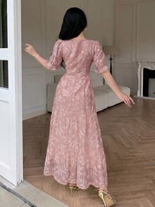 Modelyn Women's French Soft Yellow Square Neck Vintage Hollow Out A-Line Cinched Waist Dress - Pink - View 2