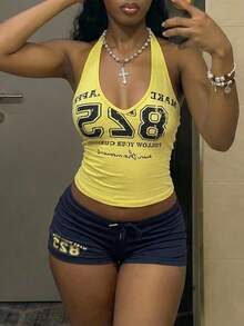 Fiercella Fiercella 女士两件套：黄色背心上衣，蓝色短裤。HypeZone-D 性感吊带背心，短裤正面饰有英文字母印花，修身剪裁，适合运动、休闲、度假、娱乐等场合。 - 黃色 - 查看 4