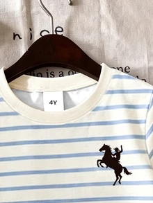 Young Boys Horse Graphic Striped Short Sleeve Crewneck T-Shirt Random 1-Piece Only Top - Multicolor - View 4