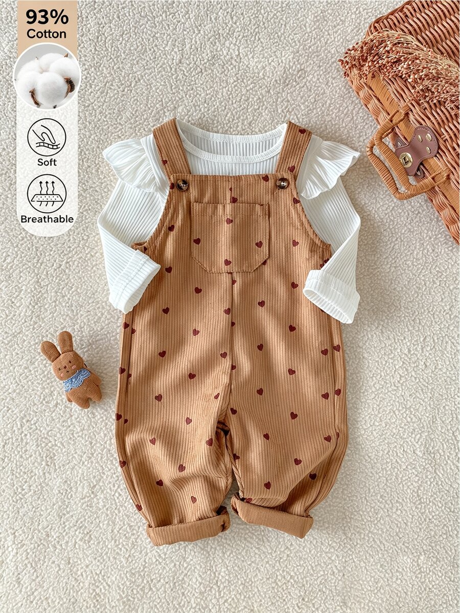 SHEIN Baby Girl Fall Style Heart Print Corduroy Romper,Brown Sleeveless Pocket Jumpsuit With White Ruffle Rib Knit Top,Soft Cotton Winter Outfit - Multicolor - View 1