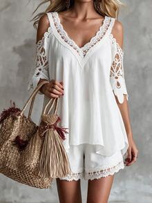 EMERY ROSE Women Summer Loose Fit 2-Piece Outfit With Lace Splice, Cold-Shoulder Short Sleeve Top And Asymmetrical Hemline Shorts - White - View 1