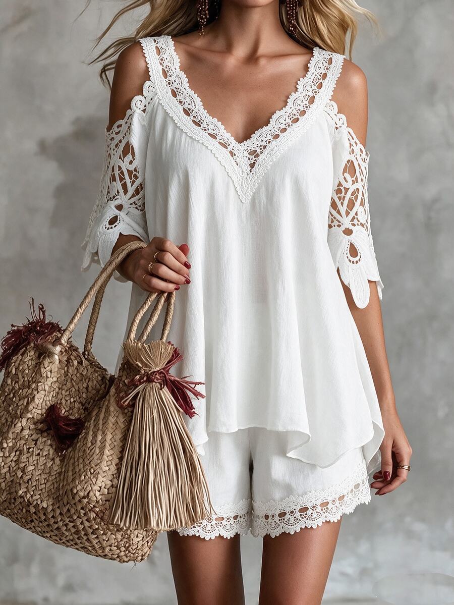 EMERY ROSE Women Summer Loose Fit 2-Piece Outfit With Lace Splice, Cold-Shoulder Short Sleeve Top And Asymmetrical Hemline Shorts - White - View 1
