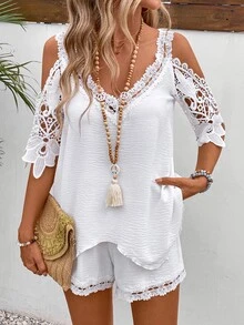 EMERY ROSE Women Summer Loose Fit 2-Piece Outfit With Lace Splice, Cold-Shoulder Short Sleeve Top And Asymmetrical Hemline Shorts - White - View 6